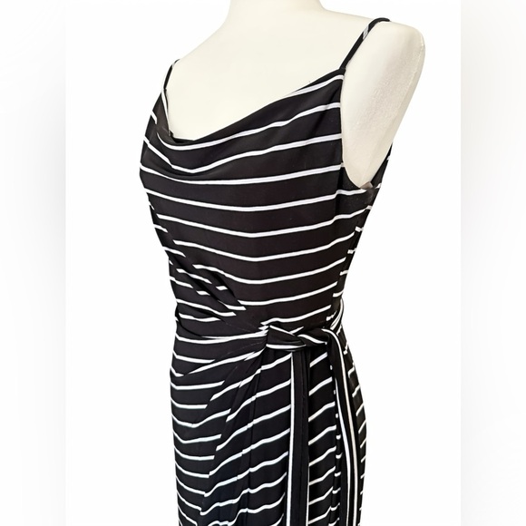 Lauren Ralph Lauren Black White Stripe Faux Wrap Midi Dress Sz 6 Spaghetti Strap - Picture 4 of 10